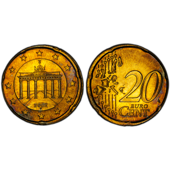 Vokietija 2002 20 euro centų Kalyklos klaida sertifikuota PCGS MS64