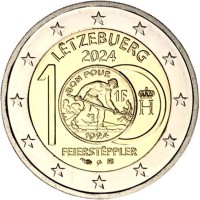 Liuksemburgas 2024 100-osios franko monetų su Feierstëplerio atvaizdu įvedimo metinės