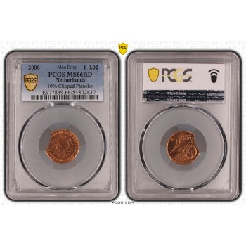 Nyderlandai 2000 2 euro centai Kalyklos klaida sertifikuota PCGS MS66RD